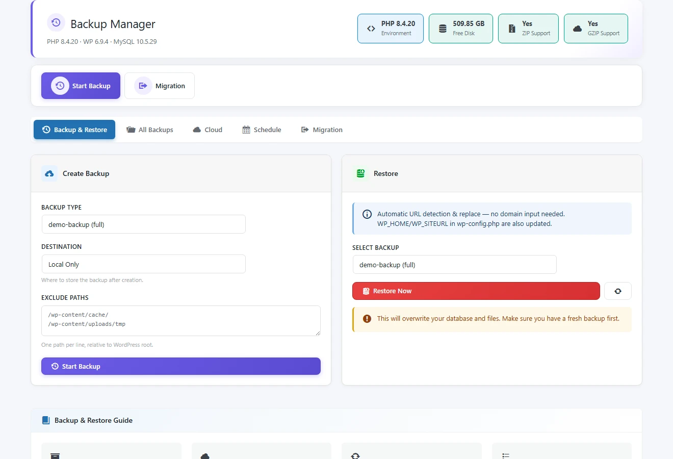 All in One WP Settings Backup Manager local backups screen